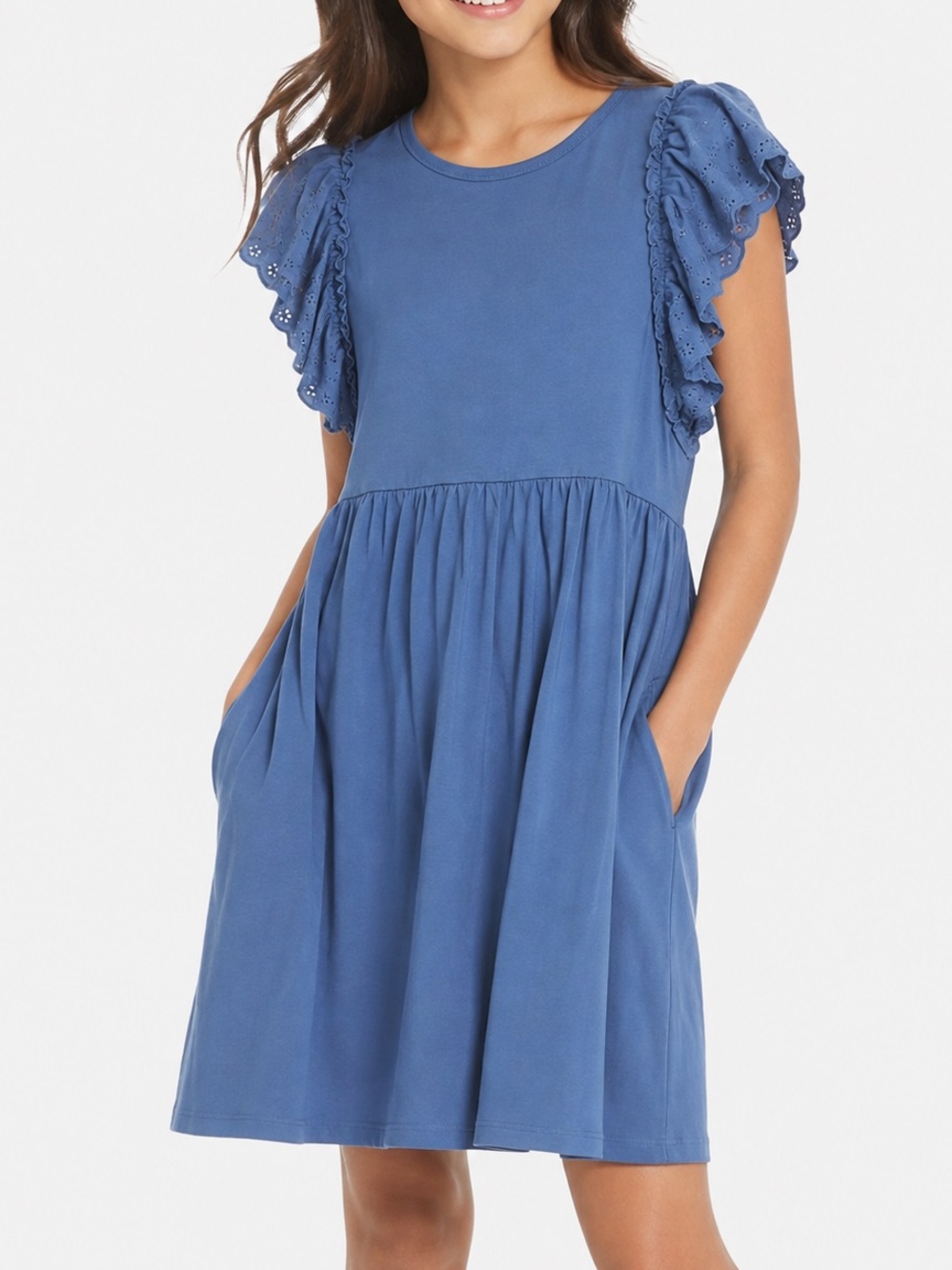 Wonder Nation Blue Eyelet Ruffle Sleeve Knit Dress Girls XL 14-16 Pockets